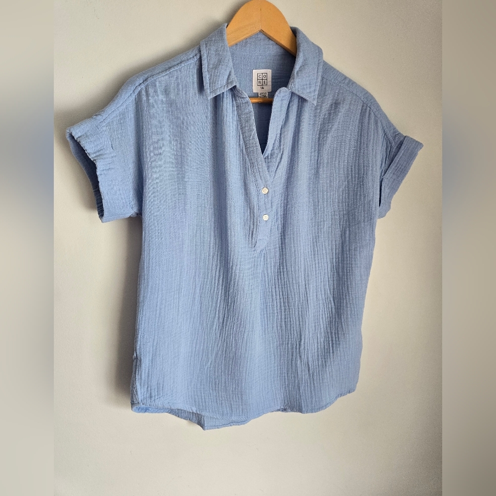 CORE LIFE Light Blue Short Sleeve Gauzy Cotton Button-Up Shirt
